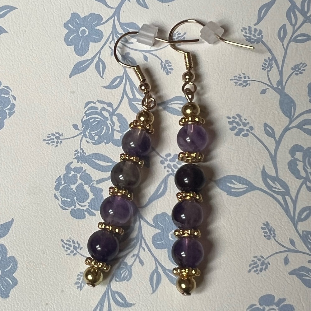 Handmade Amethyst and Gold Beaded Earrings